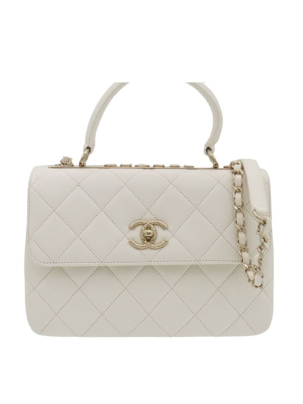 Chanel Chain Shoulder Bag Top Handle White Lambskin 2-Way